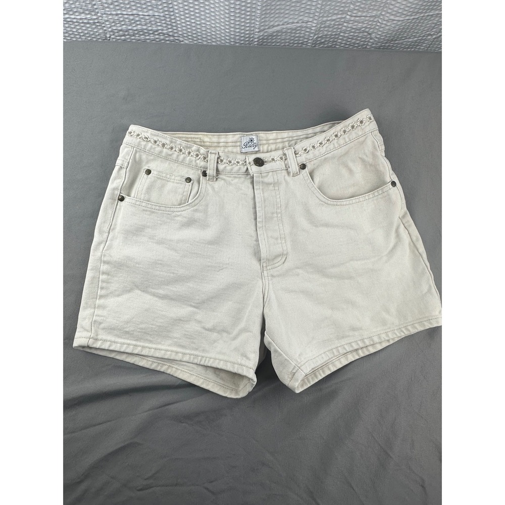 Y2K Rusty Denim Shorts Juniors 9 Cream White Embroidered Floral‎ USA Made